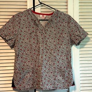 White Cross Nurse Medical Scrub Uniform Top Floral S